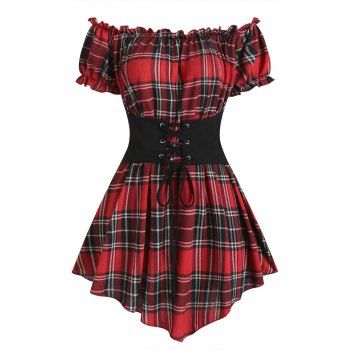 

Plaid Ruffled Off The Shoulder Corset Waist Short Sleeve Pointed Hem Top, Red
