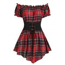 dresslily Plaid Ruffled Off The Shoulder Corset Waist Short Sleeve Pointed Hem Top