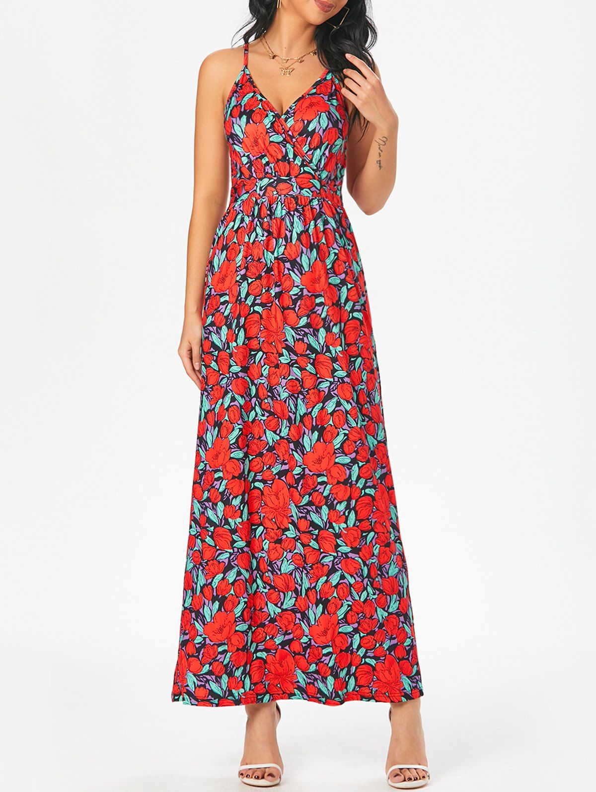 Flower Print Sundress Crisscross Vacation Maxi Dress - multicolor XL