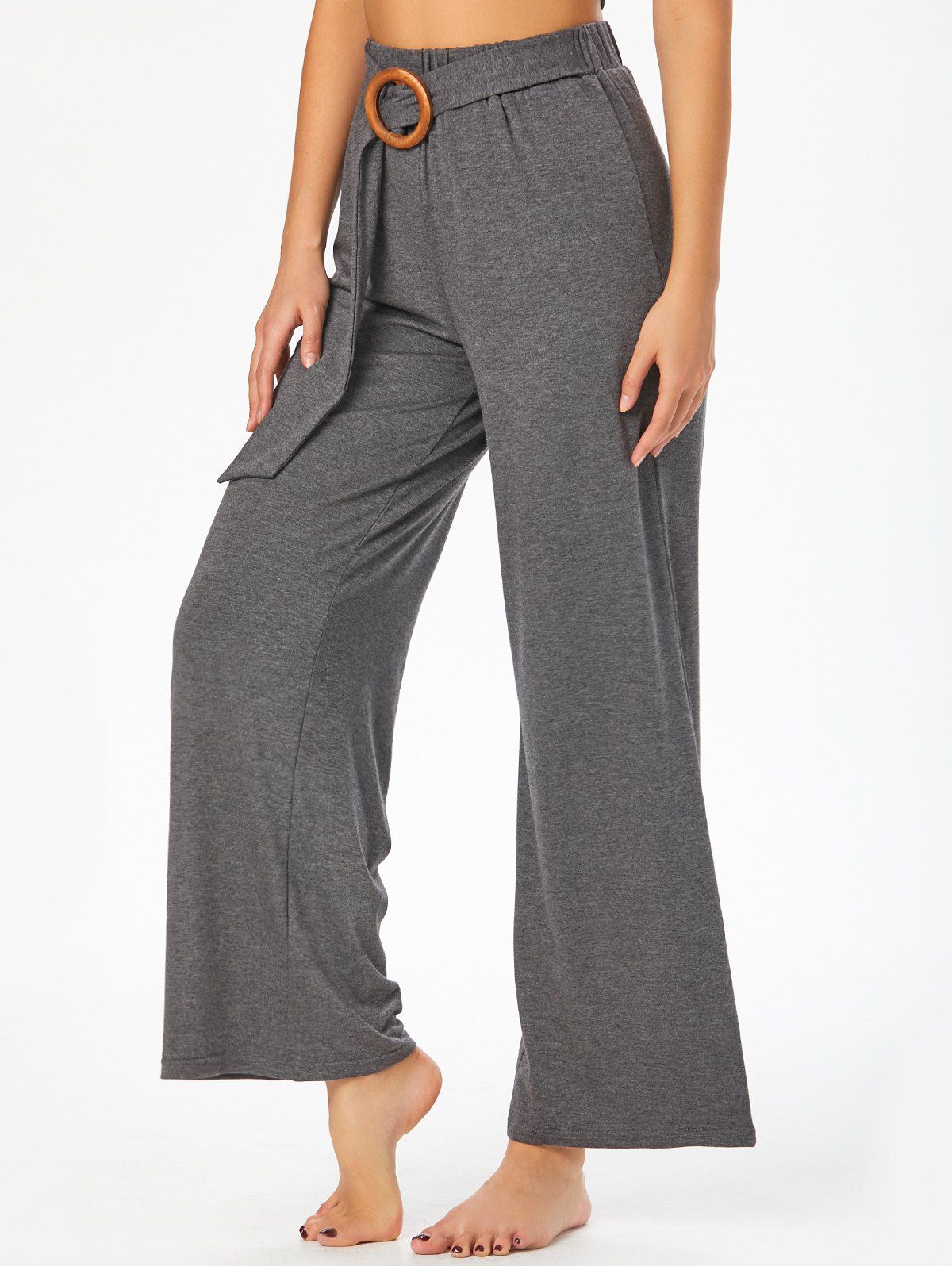 Pantalon Évasé à Taille Haute à Bague Métallique - Gris Foncé XL