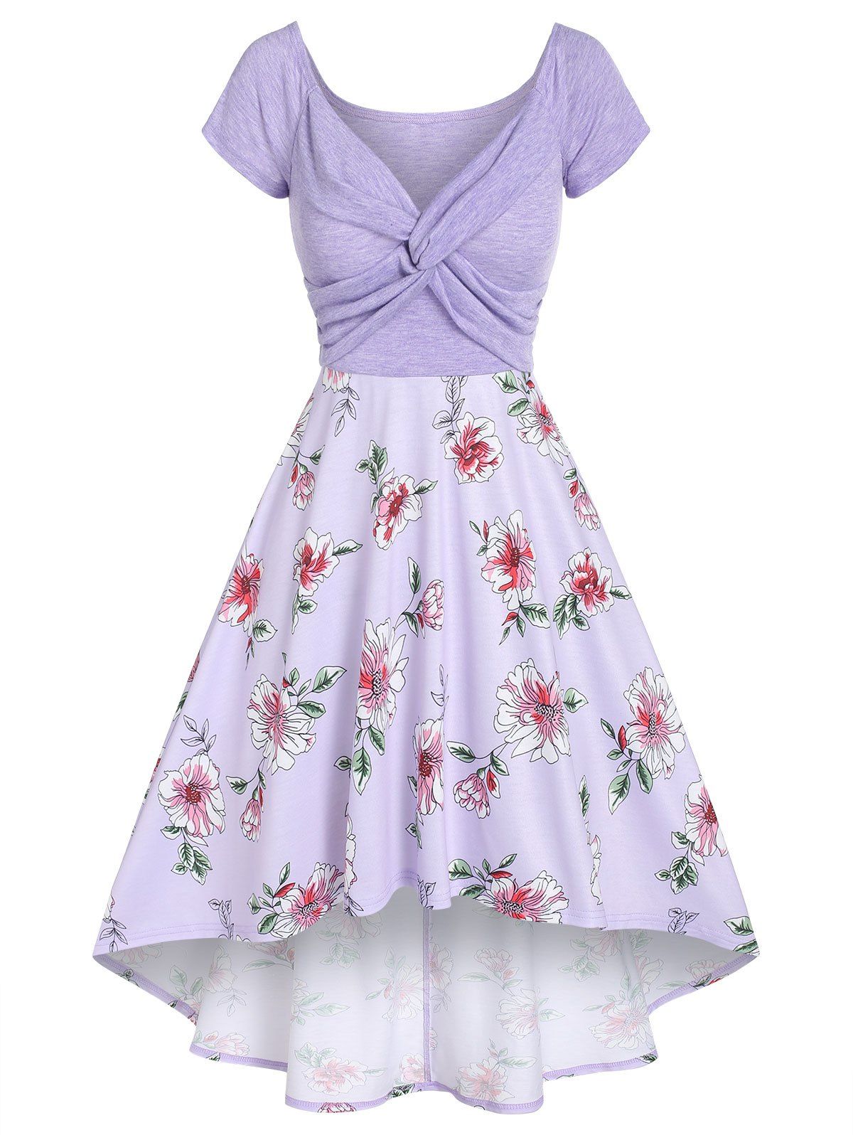 Flower Print Garden Party Dress Summer A Line Dress Front Twist High Low Dress - LIGHT PURPLE XXXL
