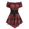 Plaid Ruffled Off The Shoulder Corset Waist Short Sleeve Pointed Hem Top - RED L