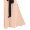 Ruched Sleeve Mini Dress Contrast Waist Bowknot A Line Dress Mock Button V Neck Dress - LIGHT PINK M