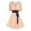 Ruched Sleeve Mini Dress Contrast Waist Bowknot A Line Dress Mock Button V Neck Dress - LIGHT PINK XXXL