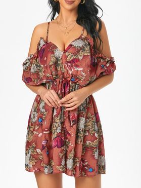 Floral Butterfly Print Vacation Dress Cold Shoulder Ruffled Mini Dress Plunging Neck Spaghetti Strap Dress