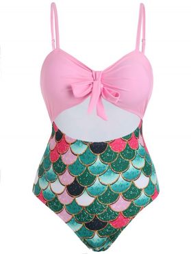 Plus Size Fish Scales Print Cut Out One-piece Swimsuit