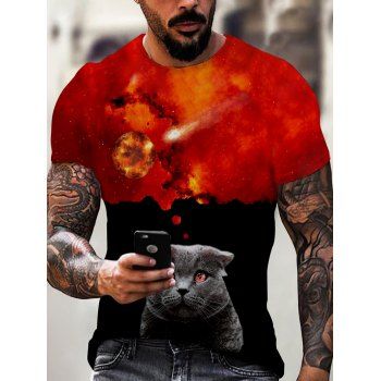 

3D Cat Flame Print Short Sleeve T-shirt, Multicolor