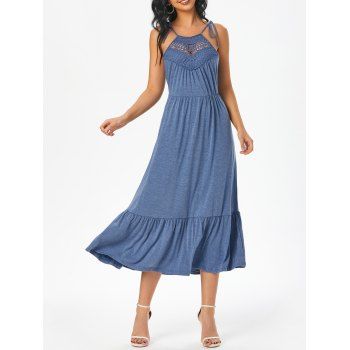 

Tie Strap Crochet Panel Flounce Long Dress, Blue