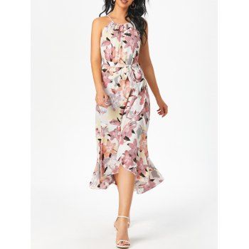 

Flounce Overlap Flower Midi Belted Dress, Light pink