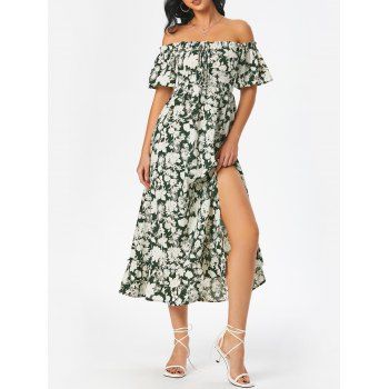 

Floral Print Ruffle Off Shoulder High Slit Dress, Multicolor