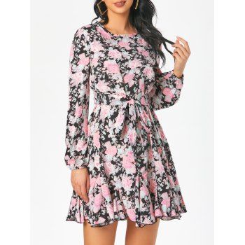 

Floral Print Belted Godet Hem Dress, Multicolor