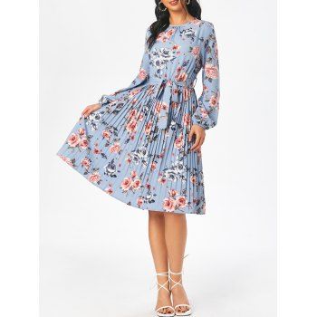 

Allover Flower Print Pleated Belted Long Sleeve Dress, Multicolor