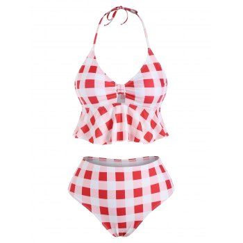 

Plaid Print Halter Padded Tankini Swimsuit, Multicolor