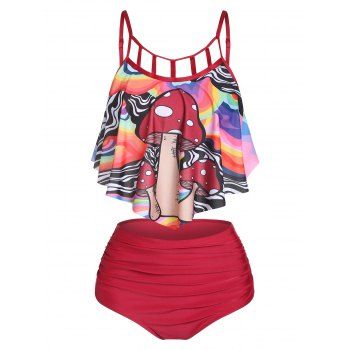 

Mushroom Tummy Control Swimsuit Ruched Flounce Tankini Swimwear Set, Deep red