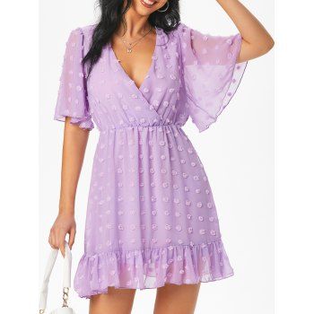 

Swiss Dot Chiffon Surplice Flutter Sleeve Flounce Dress, Light purple