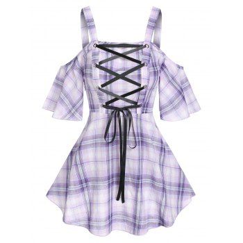 

Plaid Lace Up Cutout Cold Shoulder Blouse, Light purple