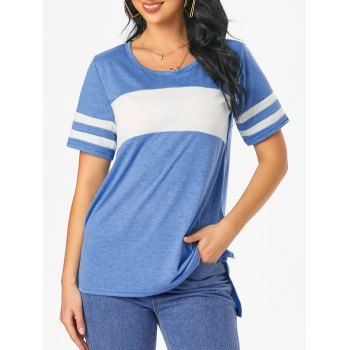 

Colorblock Slit High Low T-shirt, Light blue