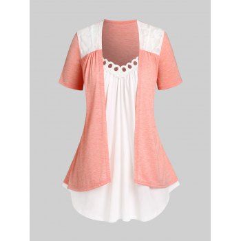 

Plus Size & Curve Hollow Out Camisole and Lace Panel Top Set, Light orange