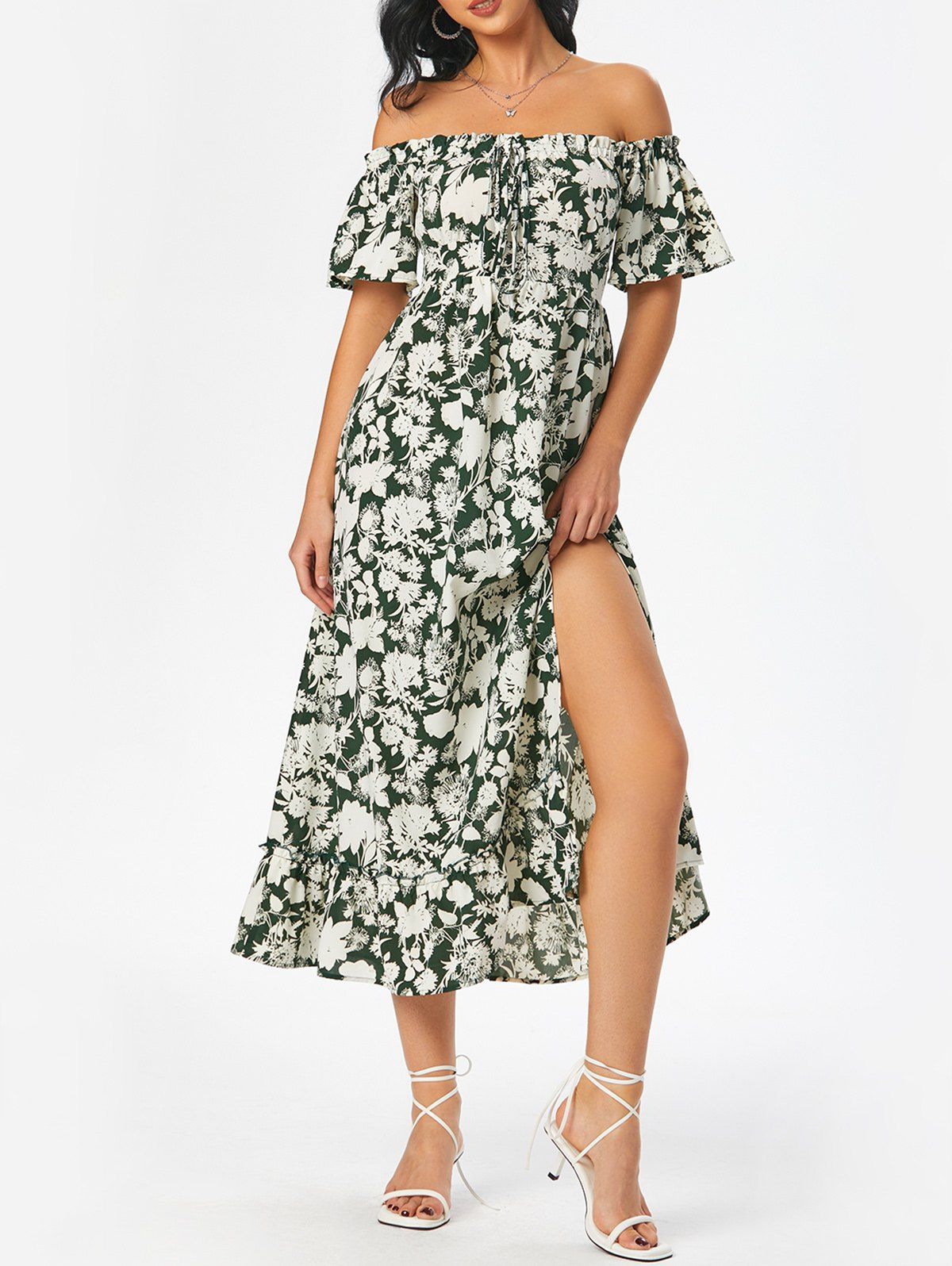 Floral Print Ruffle Off Shoulder High Slit Dress - multicolor XL