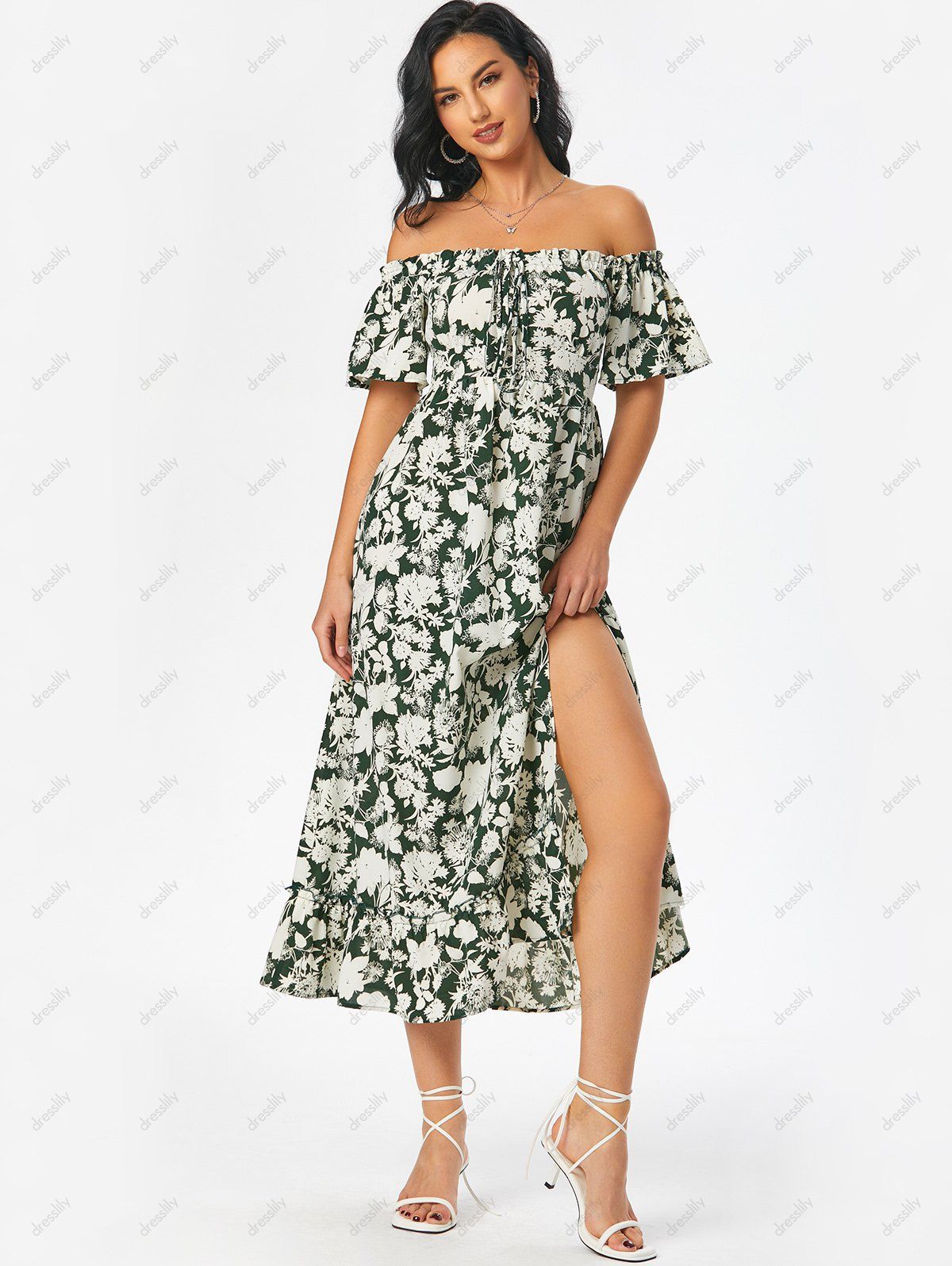 Floral Print Ruffle Off Shoulder High Slit Dress 