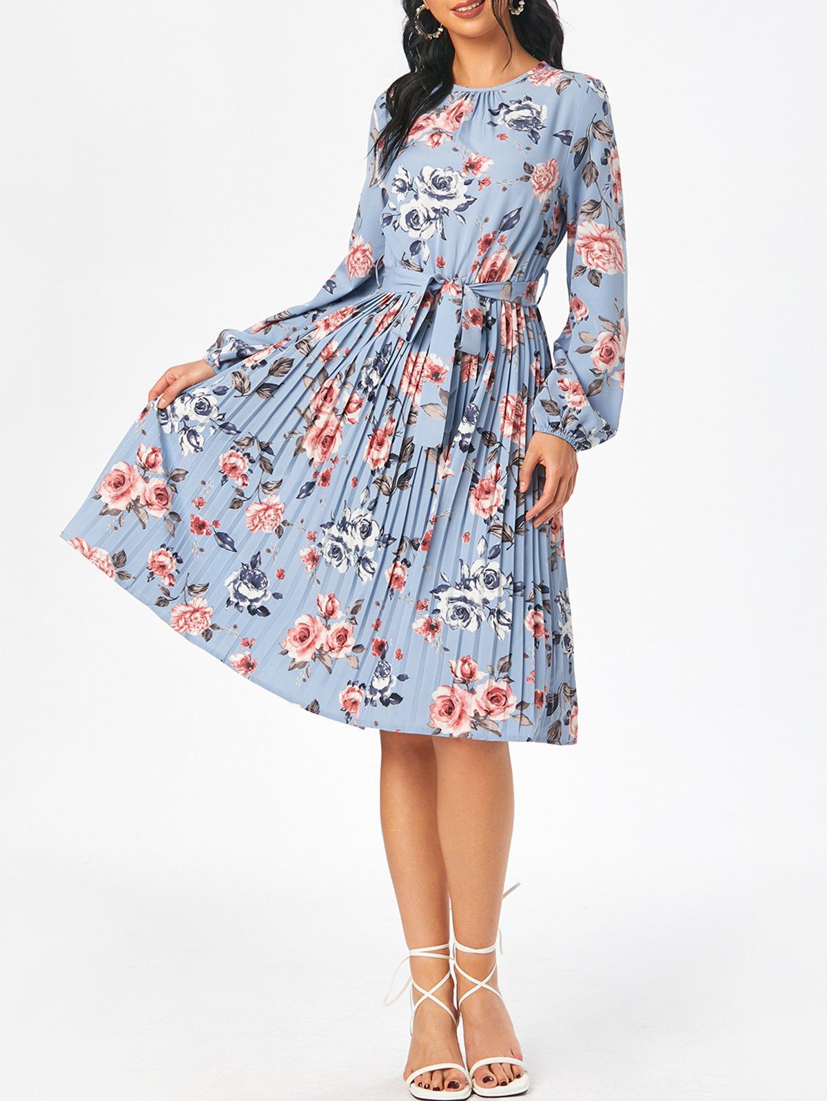 Allover Flower Print Pleated Belted Long Sleeve Dress - multicolor XL