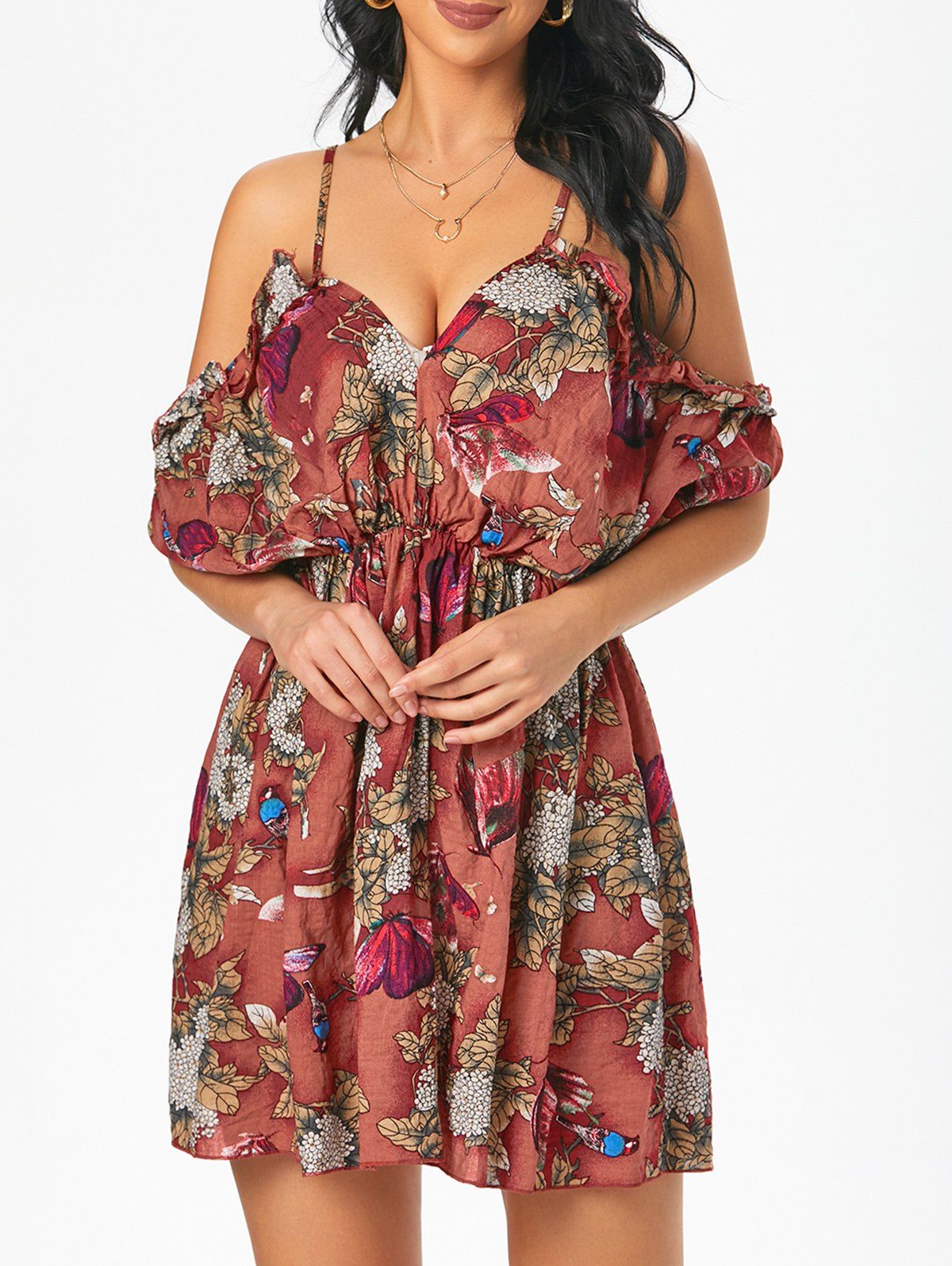 Floral Butterfly Print Vacation Dress Cold Shoulder Ruffled Mini Dress Plunging Neck Spaghetti Strap Dress - DEEP RED L