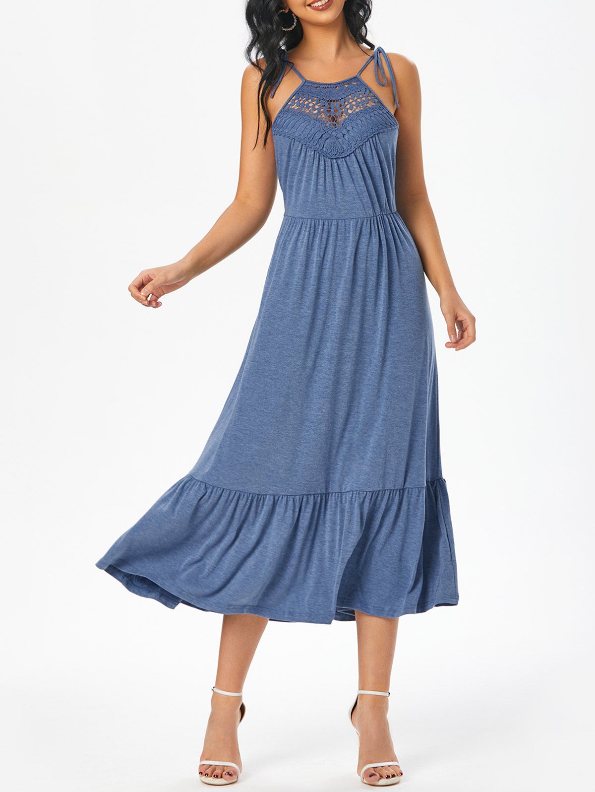 Crochet Lace Panel Maxi Dress Tie Spaghetti Strap A Line Dress Flounce Hem Sleeveless Long Dress - BLUE M