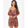 Floral Butterfly Print Vacation Dress Cold Shoulder Ruffled Mini Dress Plunging Neck Spaghetti Strap Dress - DEEP RED L