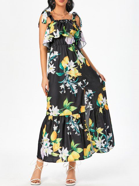 Vacation Sundress Lemon Print High Slit Tie Shoulder Summer Long Maix Dress
