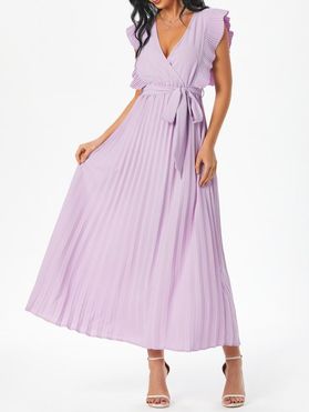 Vacation Surplice Pintuck Ruffle Belted A Line Pleated Dress