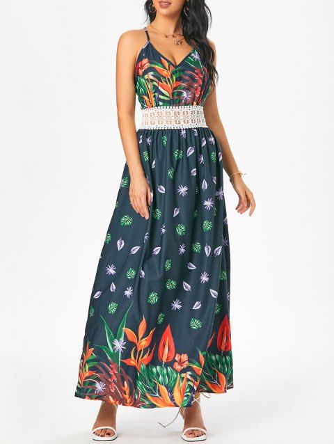 Leaf Flower Print Beach Sundress Crochet Waist Long Cami Dress