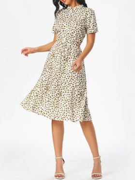 Leopard Half Button Bowknot Midi Dress