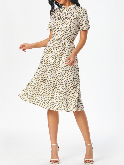 Leopard Allover Print Shirt Dress Half Button Drawstring Waist Midi Dress Rolled Cuff Short Sleeve Dress