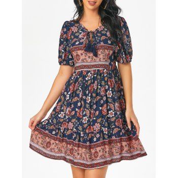 

Floral Print Keyhole Puff Sleeve Dress, Deep blue