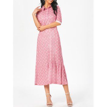 

Half Sleeve Printed Midi Dress Quarter Button Placket Flounce Hem Shift Dress, Multicolor