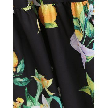 Tie Shoulder Flounce Lemon Print Long Dress