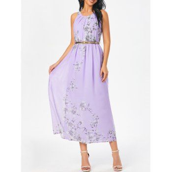 

Floral Print Tie Back Belted Dress, Light purple
