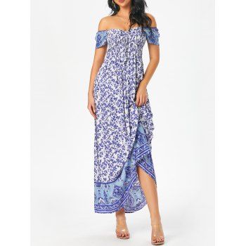 

Off Shoulder Floral Smocked Cinched Long Dress, Blue