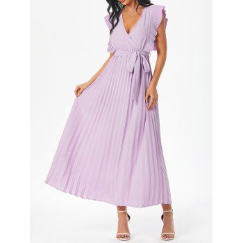 

Vacation Surplice Pintuck Ruffle Belted A Line Pleated Dress, Light purple