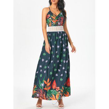 

Leaf Flower Print Beach Sundress Crochet Waist Long Cami Dress, Blue