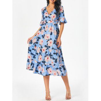 

Vacation Surplice Flower Leaf Ruffled Cuff Long Dress, Light blue