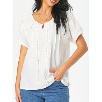 

Crochet Insert V Notched Slit Blouse, White