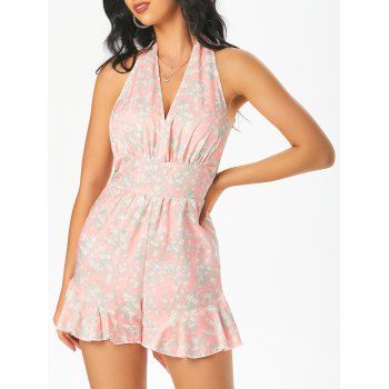 

Ditsy Print Criss Cross Ruffle Wide Leg Romper, Light pink