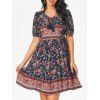 Robe Mini Vintage à Imprimé Florale avec Trou de Serrure à Manches Bouffantes - Bleu profond L