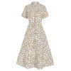 Leopard Allover Print Shirt Dress Half Button Drawstring Waist Midi Dress Rolled Cuff Short Sleeve Dress - multicolor XXL