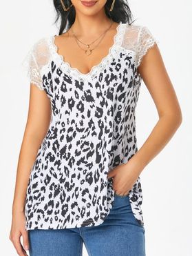Leopard Lace Insert Cap Sleeve T Shirt