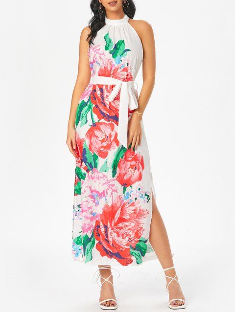 Flower Print Vacation Dress High Neck Belted Maxi Dress Side Slit Long Dress