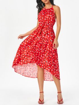 Belted Contrast Spotted Print High Low Dress