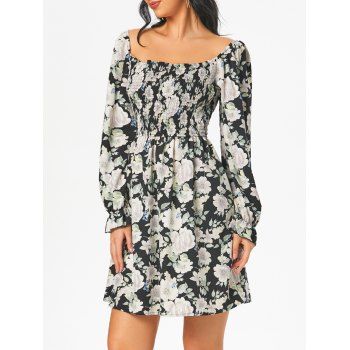 

Off Shoulder Flower Smocked Ruffle Cuff Dress, Black