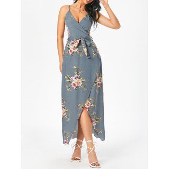 

Floral Print Tulip Hem Belted Surplice Dress, Multicolor